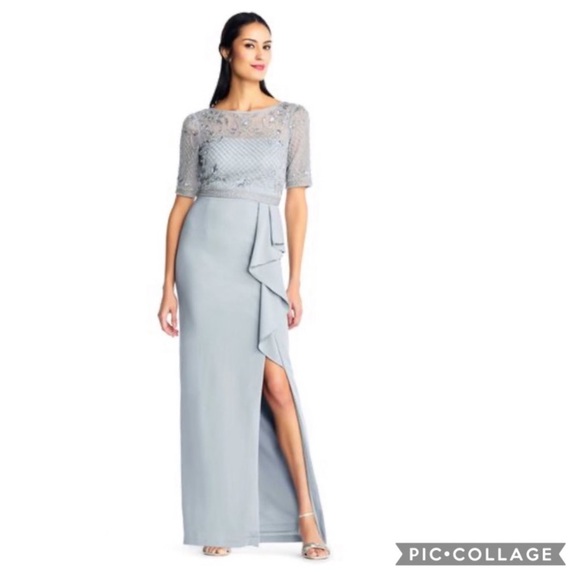 Adrianna Papell elbow length illusion sleeves beaded bodice gown - Picture 4 of 13